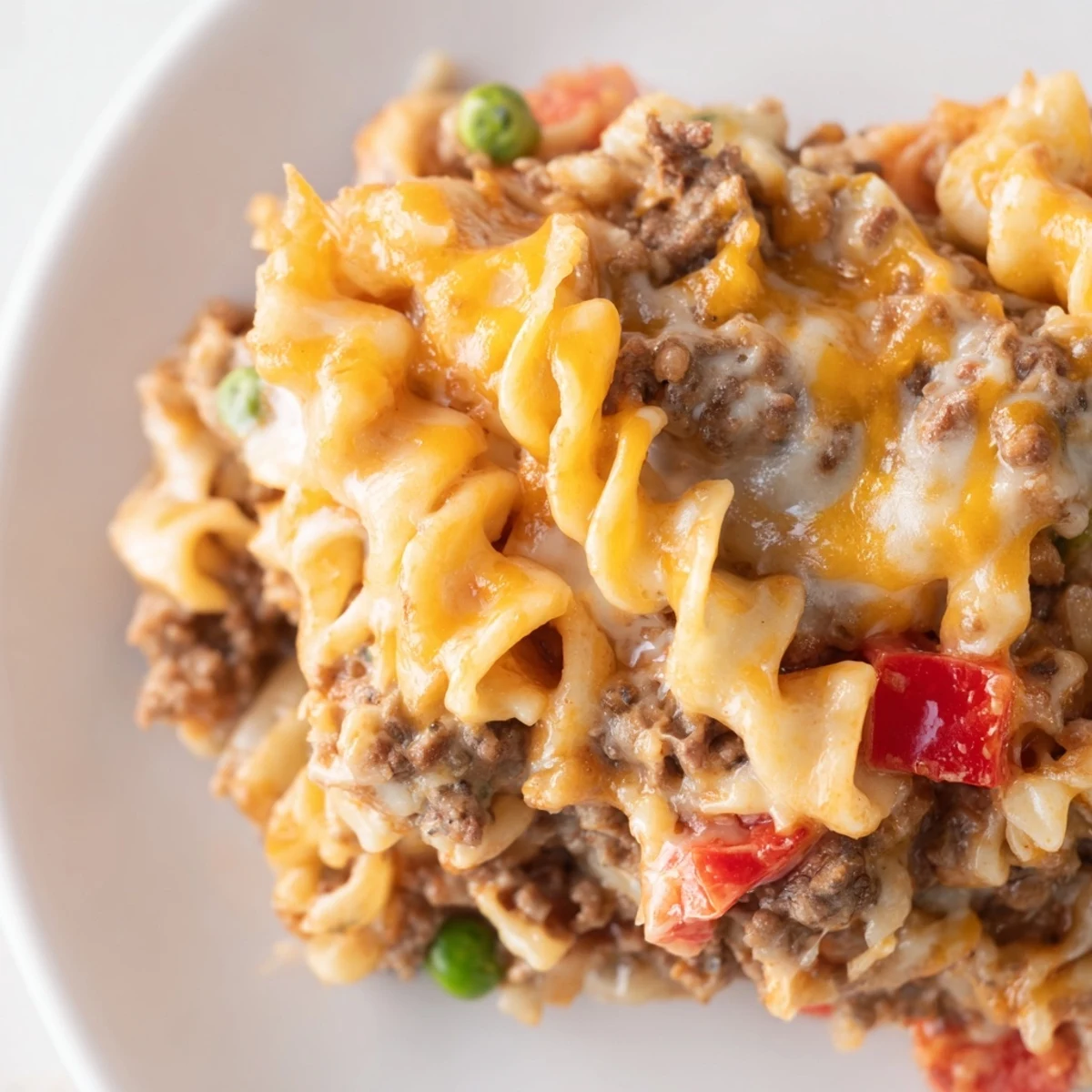 Creamy Cheesy Beef and Noodle Casserole with tender egg noodles in a rich beef sauce