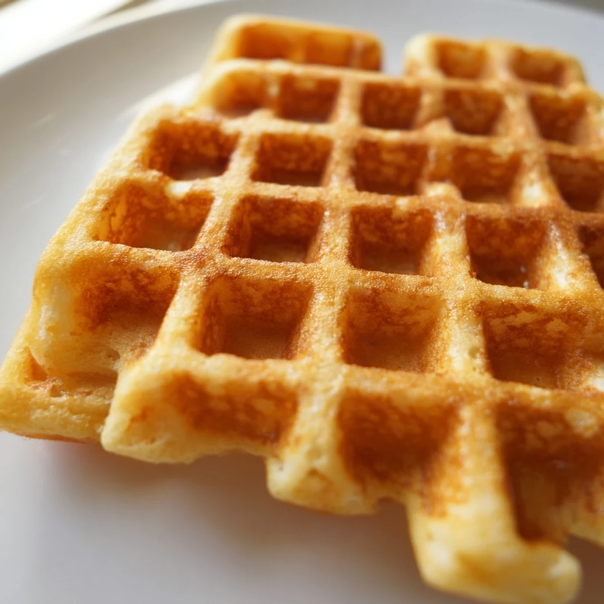 Golden brown Greek yogurt waffles stacked high and drizzled with maple syrup on a white plate