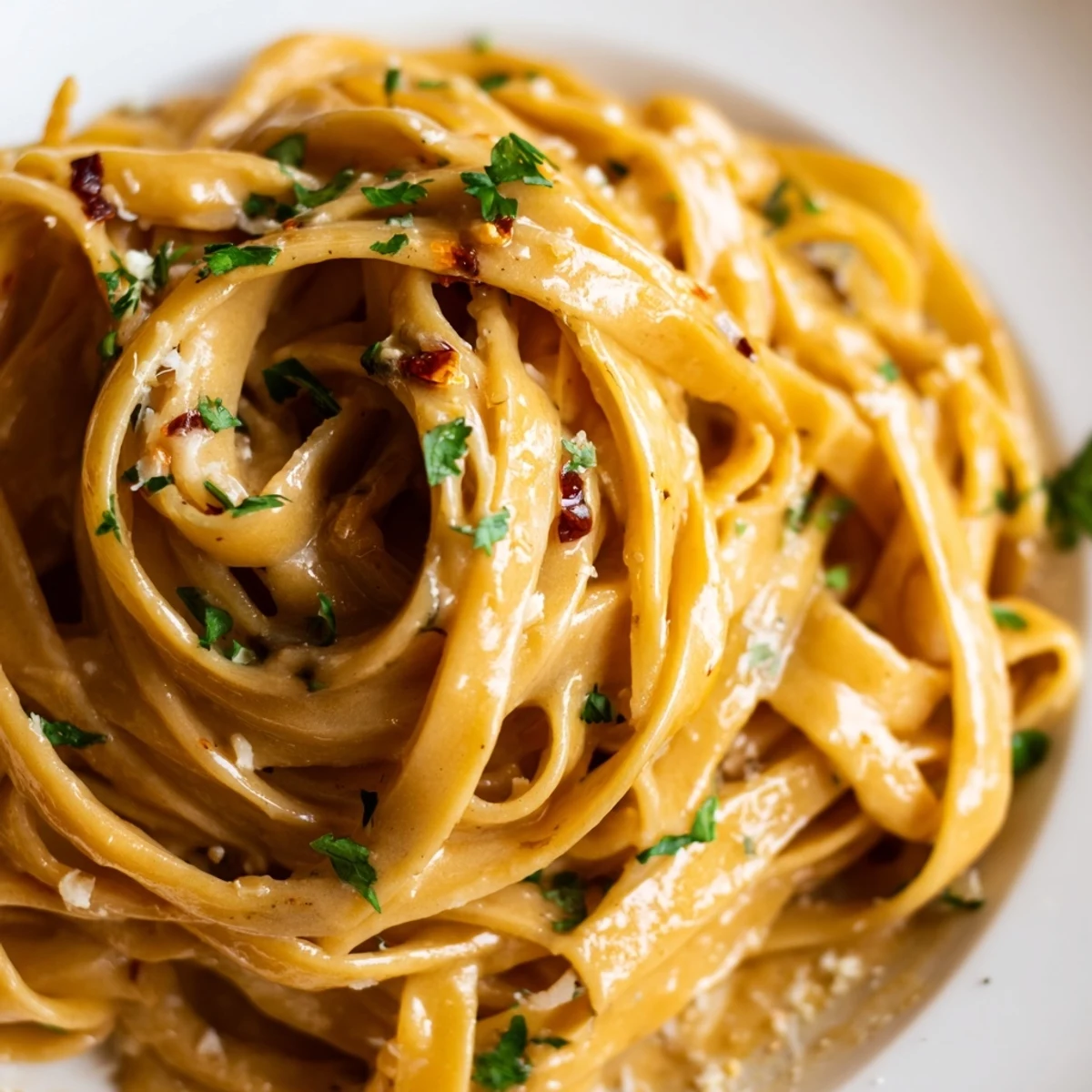 Creamy Sweet Heat Caramelized Onion Fettuccine topped with fresh parsley and Parmesan cheese