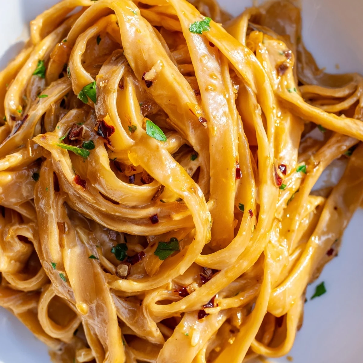 Golden caramelized onions coat Sweet Heat Caramelized Onion Fettuccine in a creamy, spicy sauce