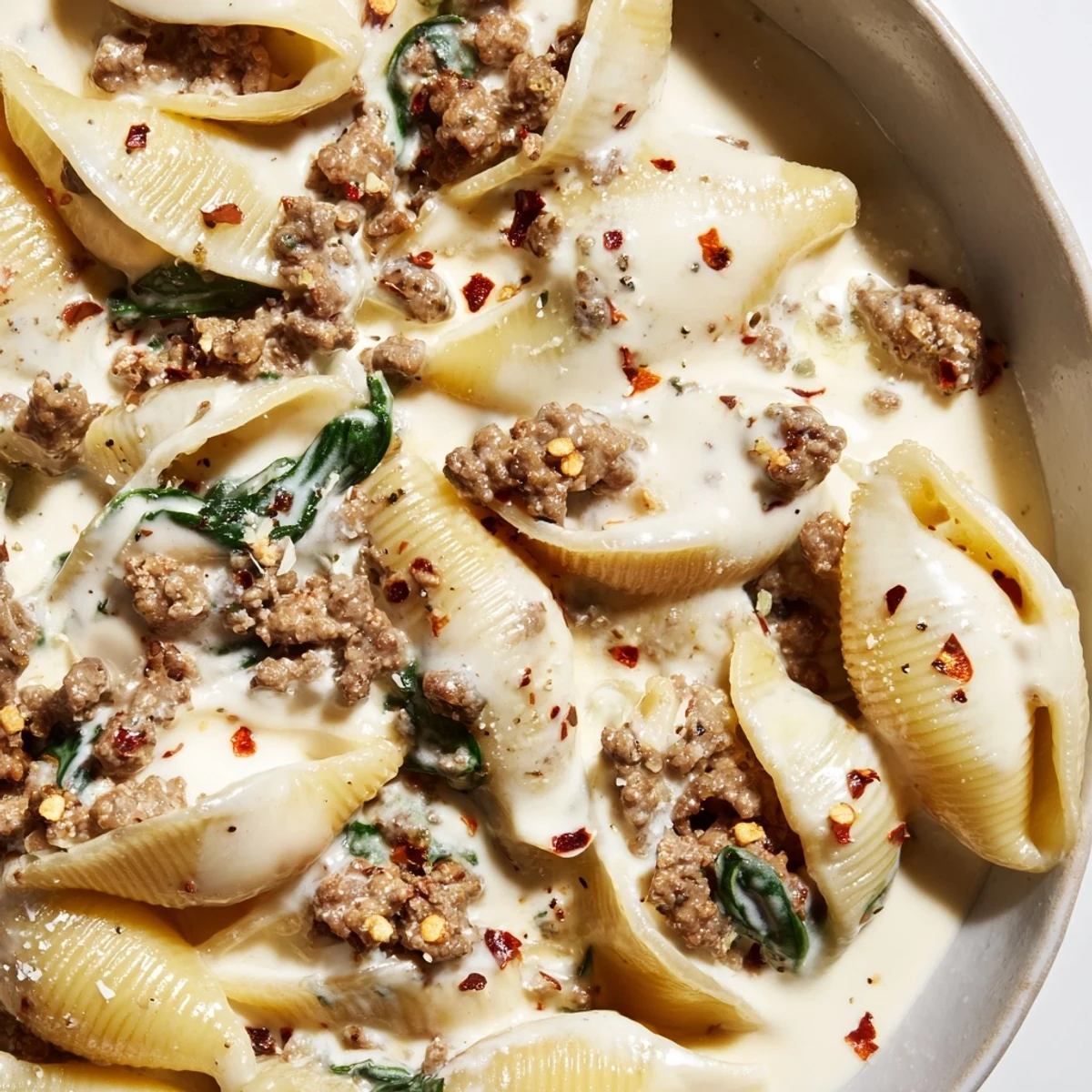 Creamy high protein beef pasta in a white bowl with parmesan and fresh herbs
