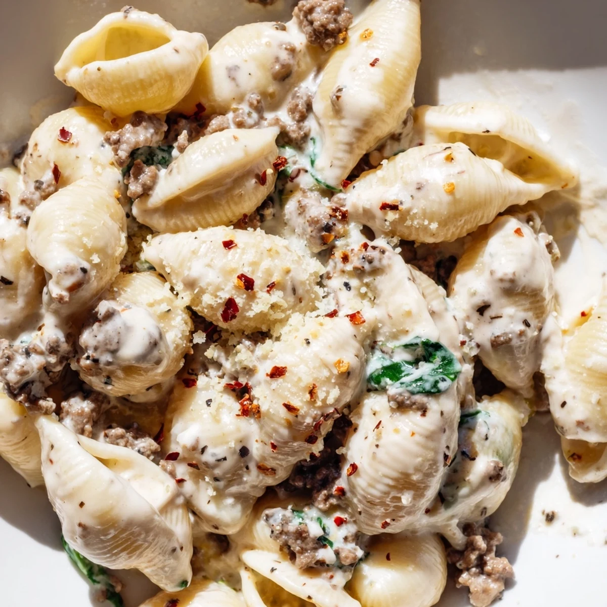 Tender ground beef and spinach tossed in creamy sauce coating high protein pasta noodles