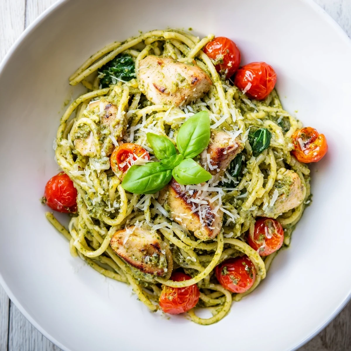 Light pesto pasta with chicken topped with fresh basil and grated Parmesan cheese