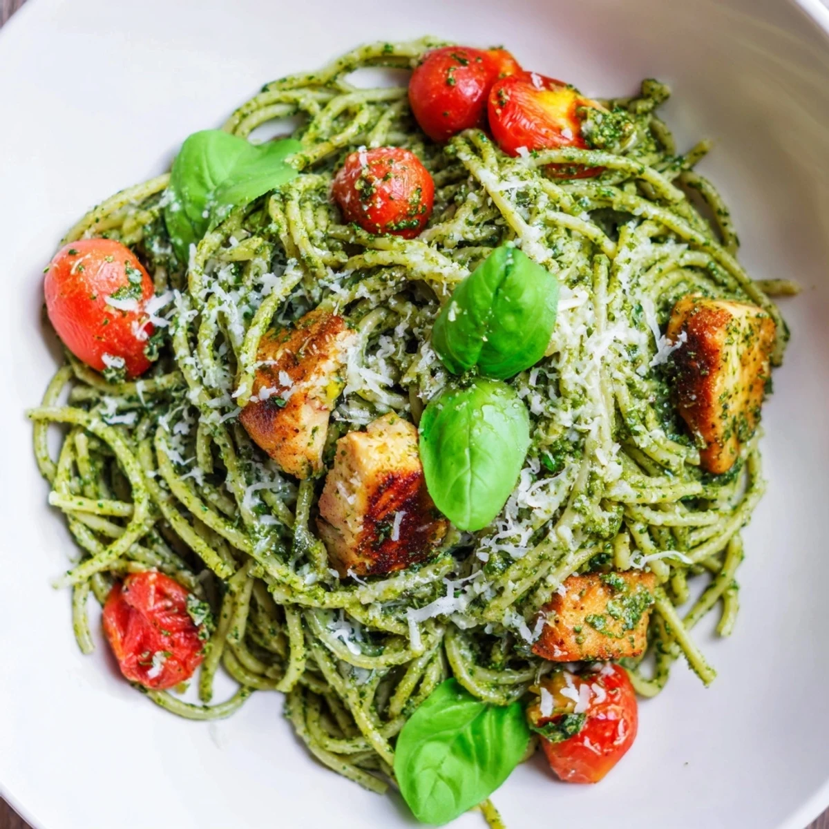 Creamy pesto pasta with chicken served in a white bowl with cherry tomatoes