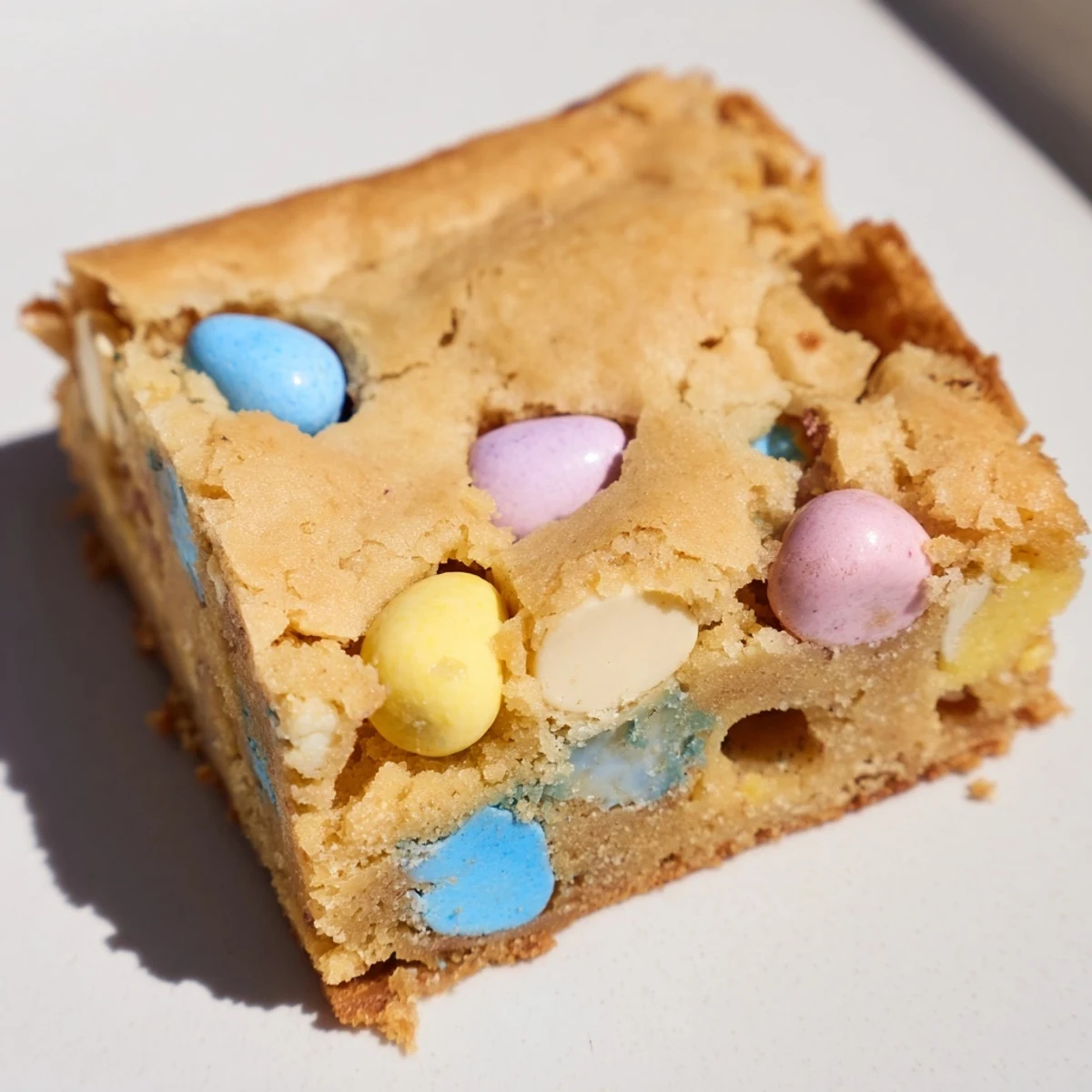 Chewy Mini Cadbury Easter Egg blondies with colorful candy pieces scattered across golden, crackly tops