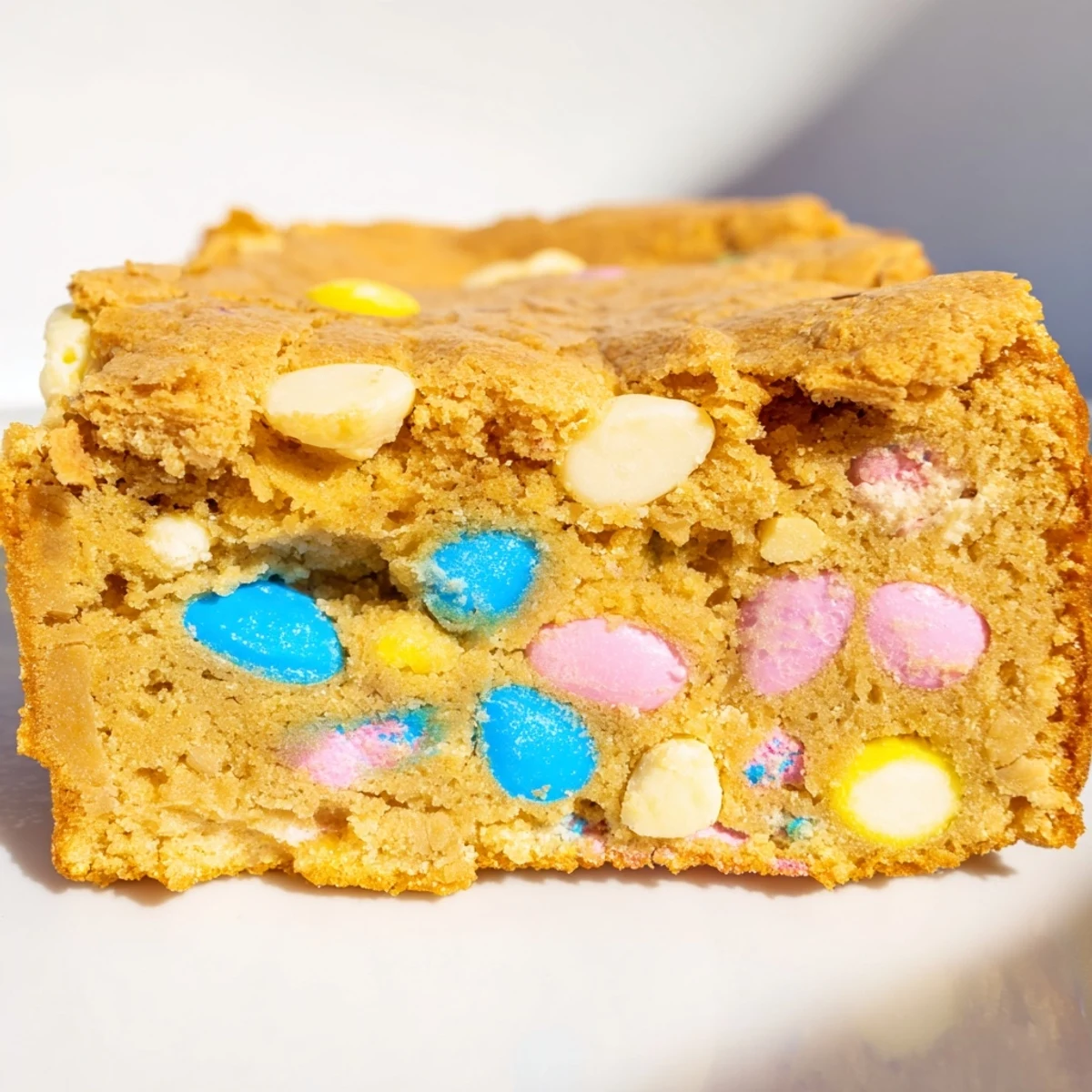 Golden brown Mini Cadbury Easter Egg blondies studded with pastel chocolate candies on a rustic cutting board