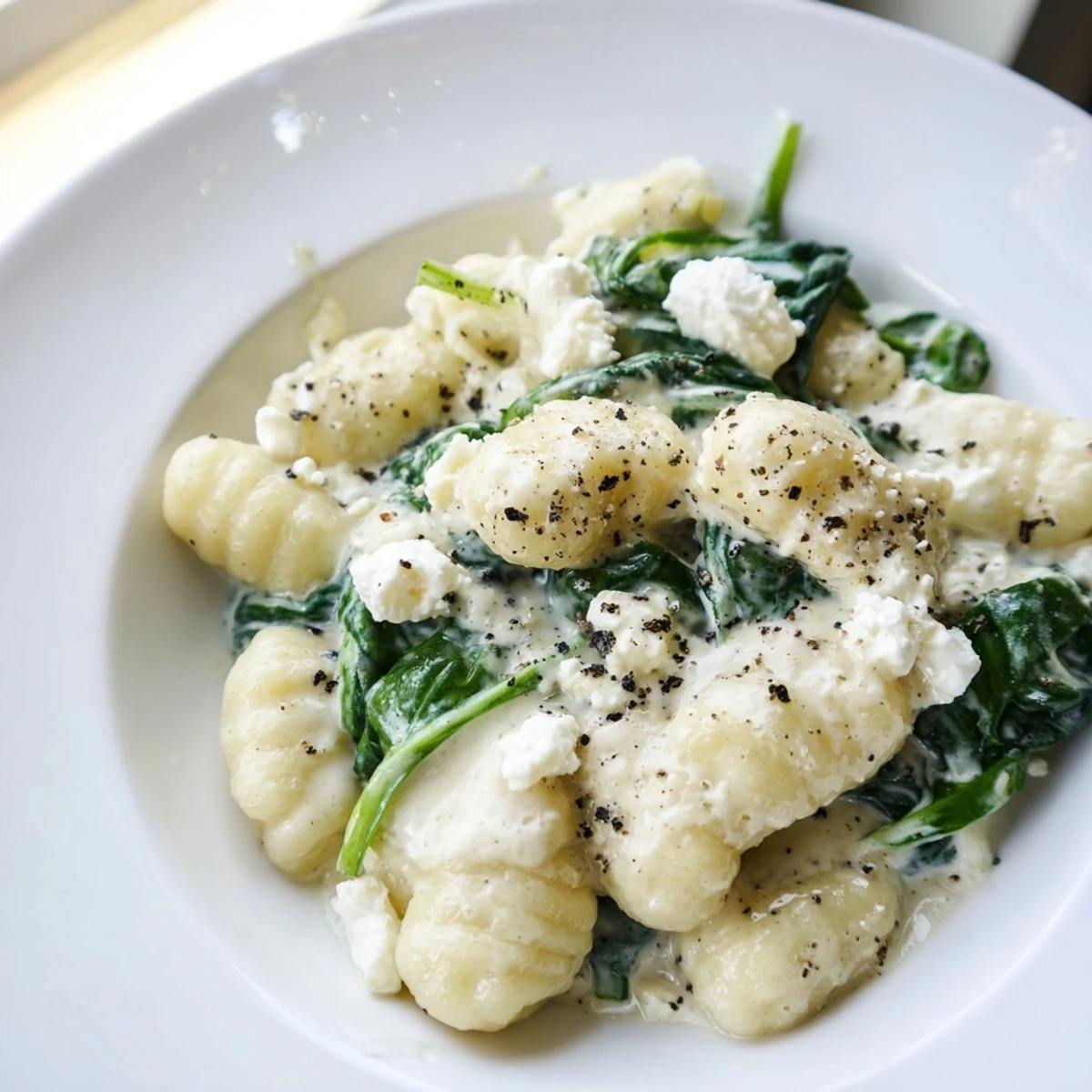 Creamy gnocchi with spinach and feta topped with crumbled cheese in white sauce