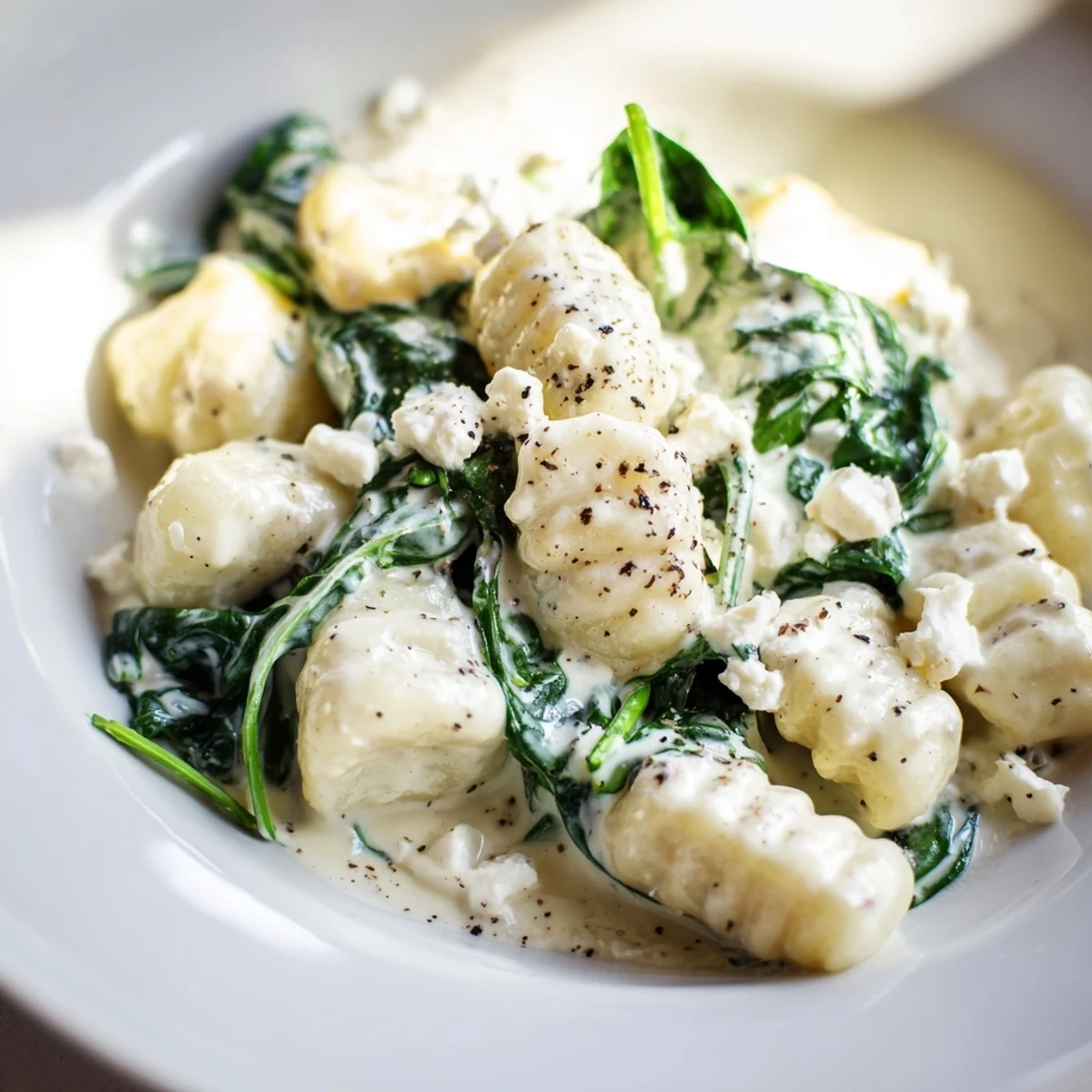 Tender potato gnocchi with spinach and feta glistening in rich cream sauce