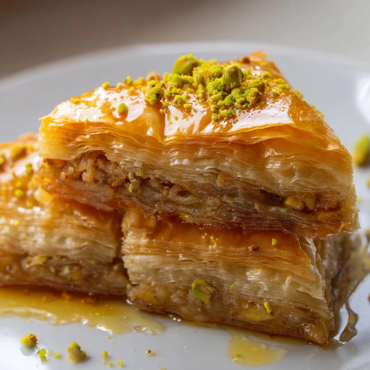 Golden Bosnian baklava diamonds glistening with sweet syrup on a white serving plate