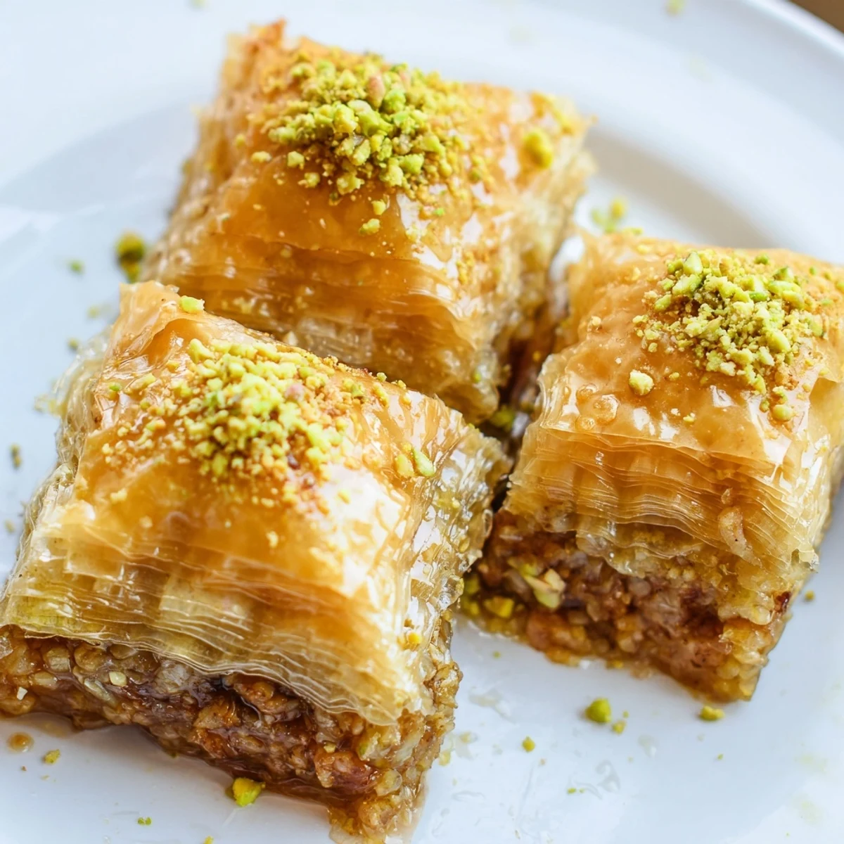 Crisp layered Bosnian baklava cut into diamond shapes topped with crushed pistachios