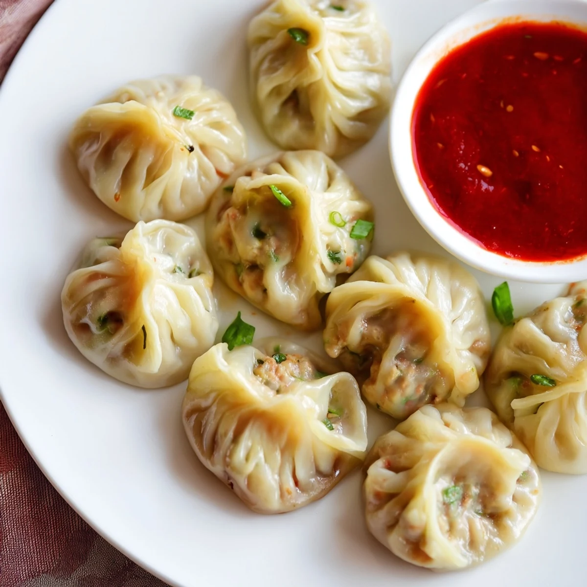 Steaming plate of Nepali momo dumplings served with vibrant red tomato achar dipping sauce
