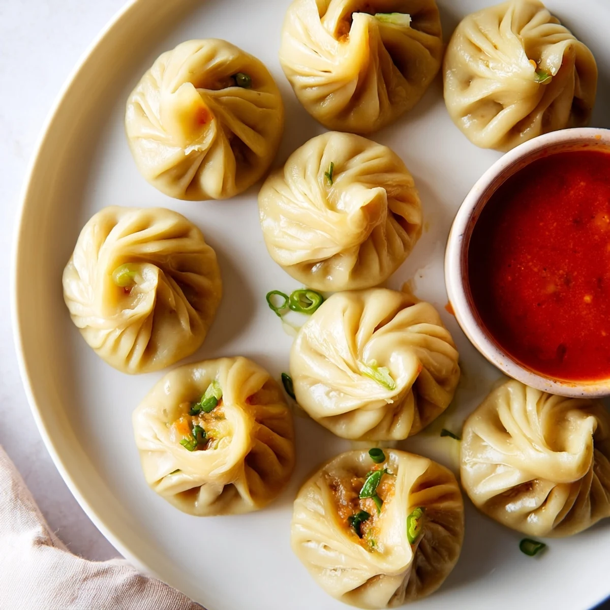Plump Nepali momo dumplings with pleated edges resting in a bamboo steamer basket