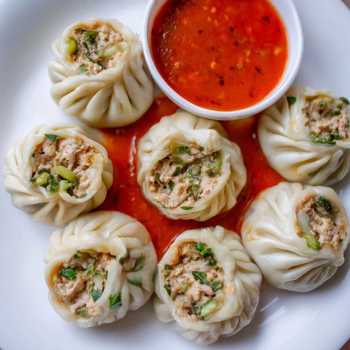 Golden steamed Nepali momo arranged on a platter alongside spicy sesame tomato chutney