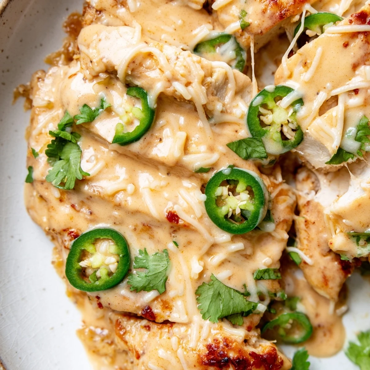 Golden Jalapeno Chicken breasts smothered in creamy, spicy sauce with fresh cilantro garnish