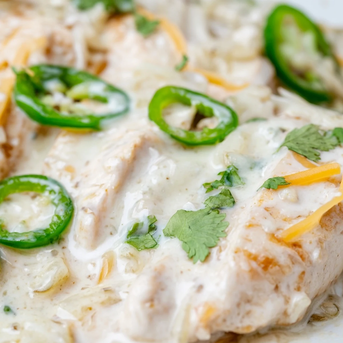 Tender sliced Jalapeno Chicken in rich, cheesy cream sauce with sautéed jalapeño rings