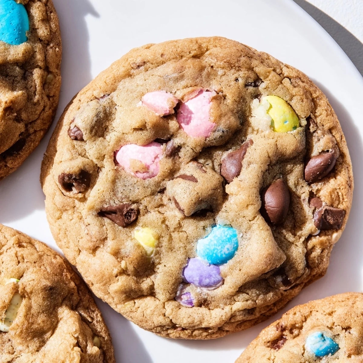 Soft, chewy Cadbury Egg Cookies with colorful candy pieces on a rustic wooden board.