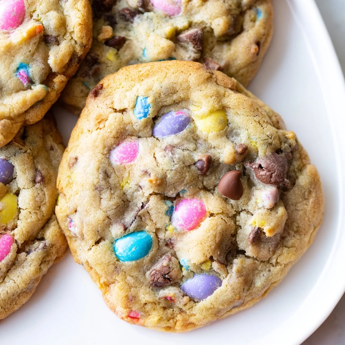 Golden brown Cadbury Egg Cookies studded with chocolate chips and pastel mini eggs.