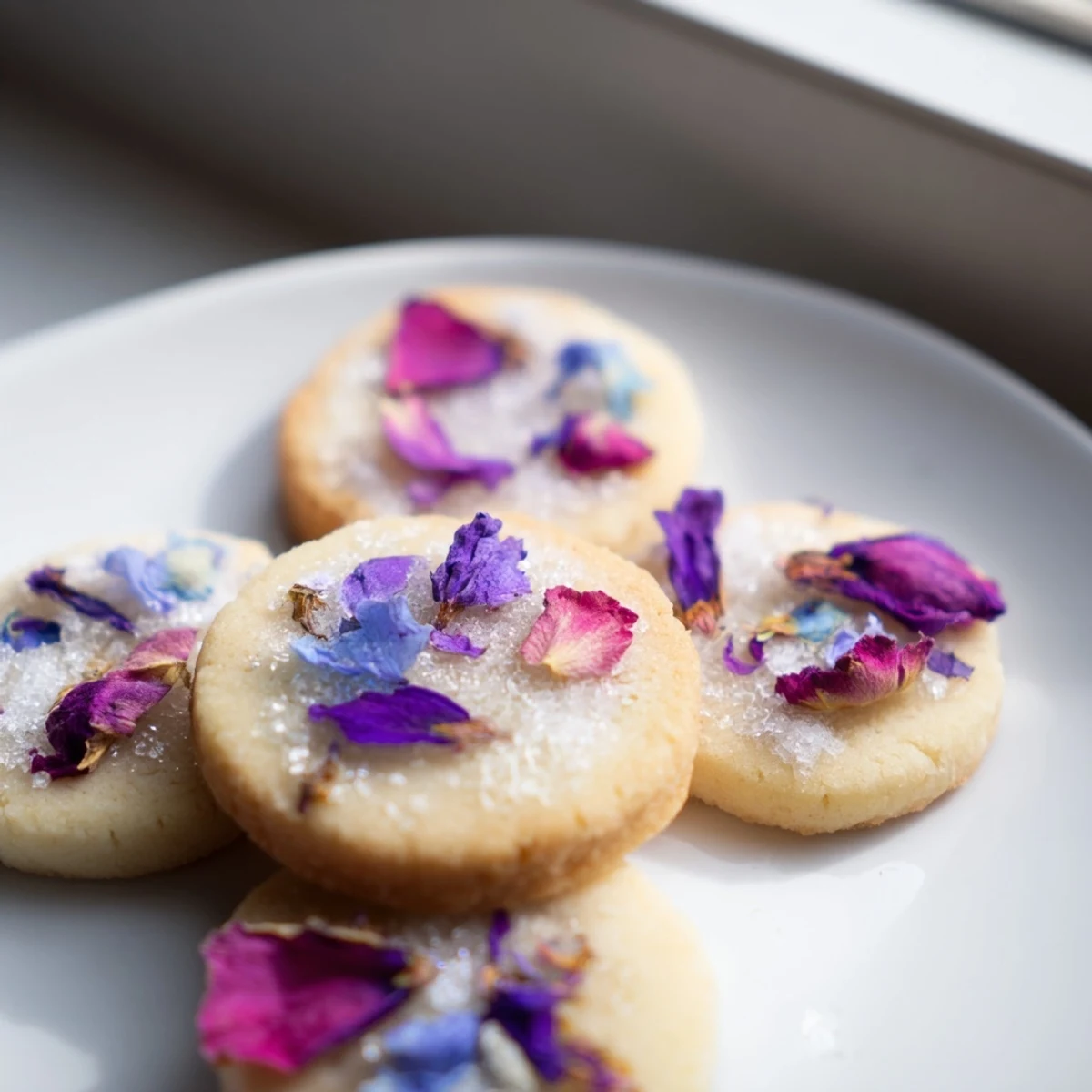 Golden Spring Blossom Cookies topped with colorful edible flowers on a rustic baking sheet