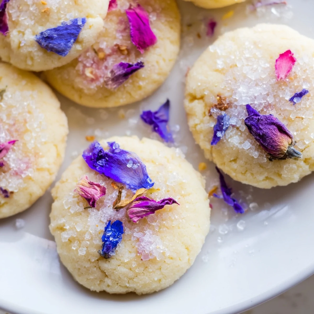 Delicate buttery Spring Blossom Cookies arranged on a white plate with floral garnishes