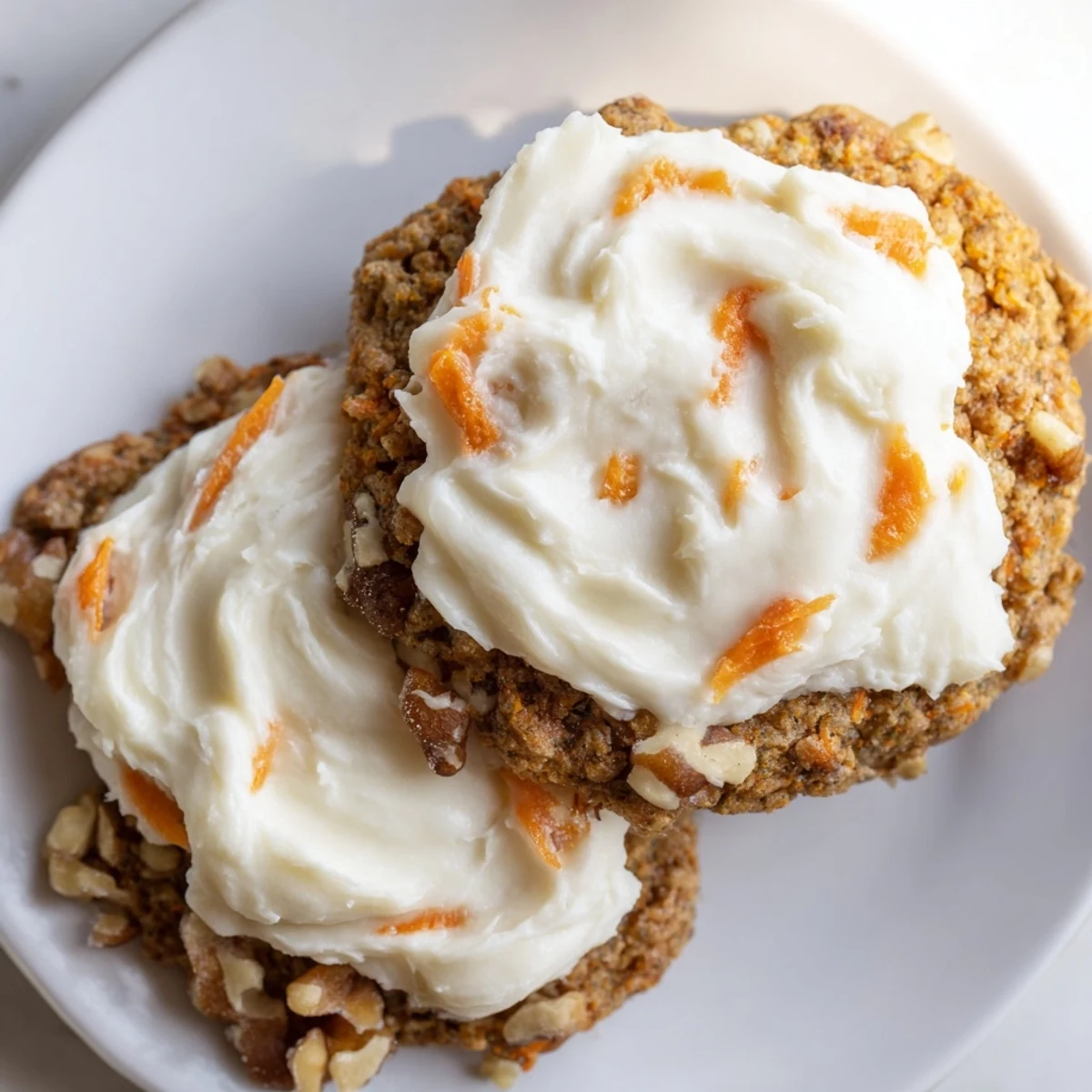 Soft Crumbl carrot cake cookies piled high with creamy tangy cream cheese frosting
