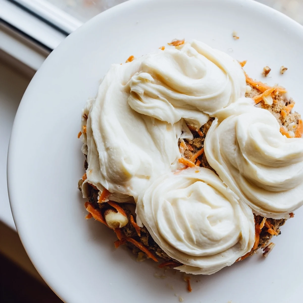 Thick spiced carrot cake cookies swirled with vanilla cream cheese frosting on rustic bakeware
