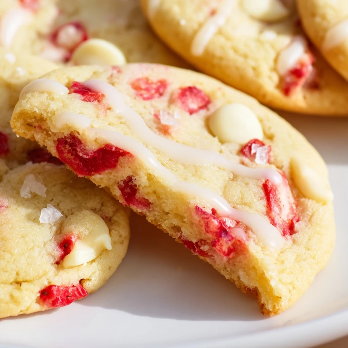 Chewy strawberry lemonade cookies with pink fruit bits and golden edges on a white plate