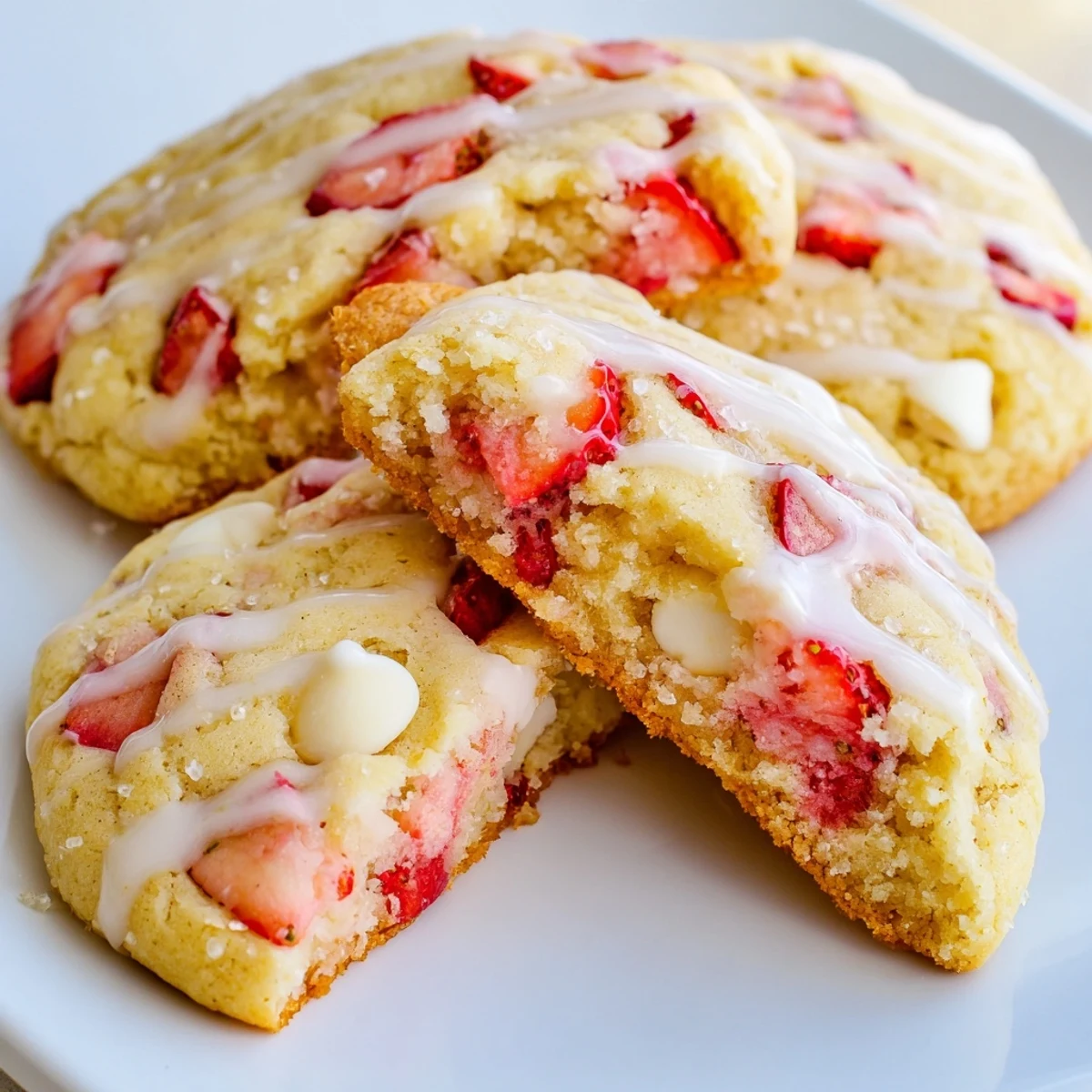 Fresh strawberry lemonade cookies drizzled with tangy citrus glaze and studded with white chocolate chips
