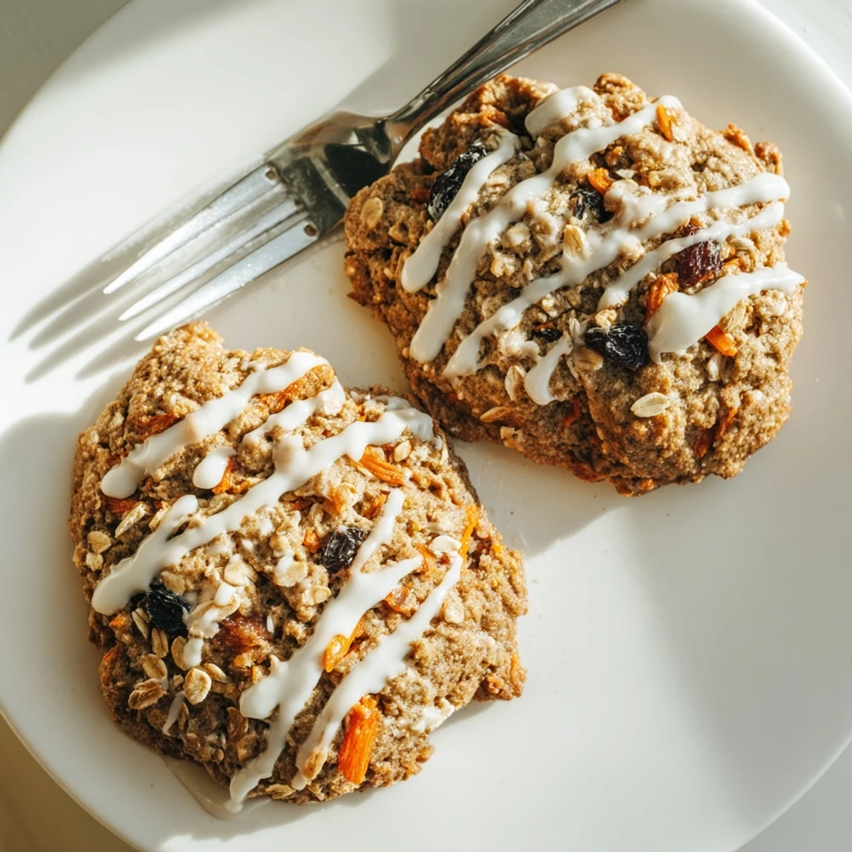 Chewy brown butter carrot cake cookies with visible grated carrots and toasted walnut pieces stacked on a rustic white plate