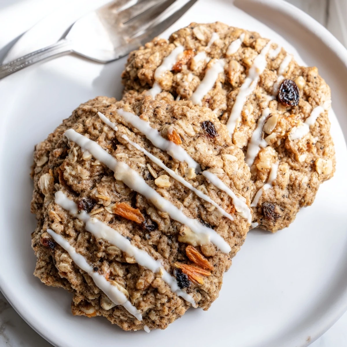 Golden brown butter carrot cake cookies drizzled with cream cheese glaze on a cooling rack next to a glass of milk