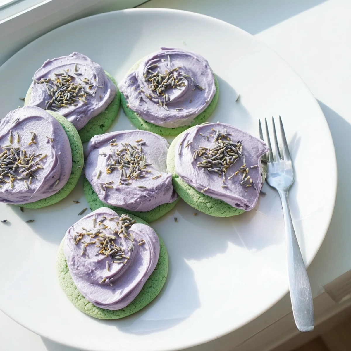 Soft green matcha sugar cookies with swirled lavender frosting on a rustic ceramic plate