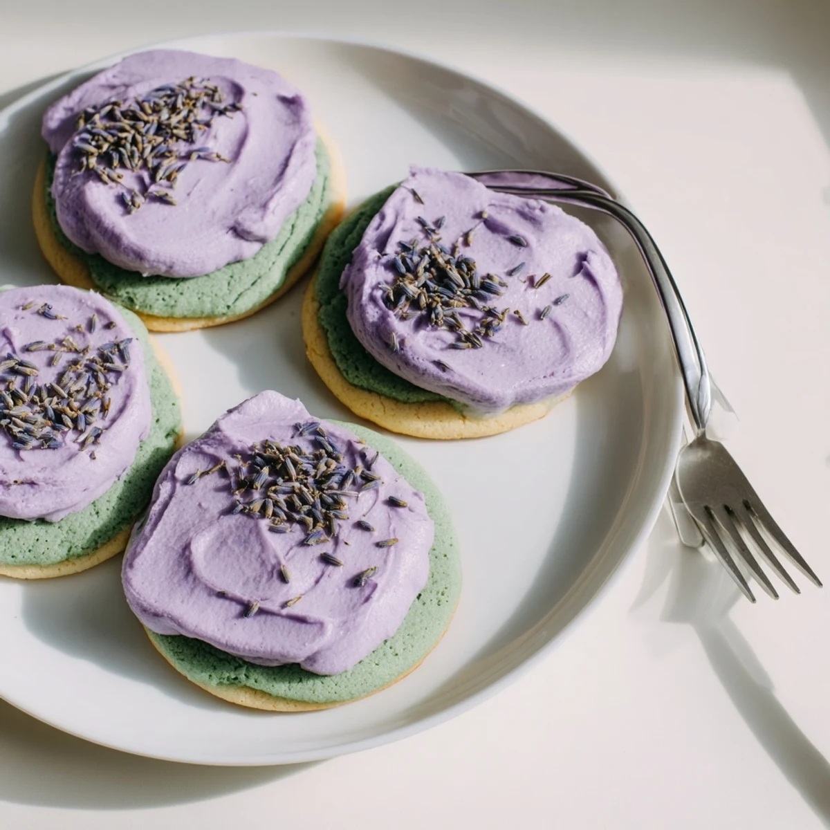 Delicate matcha sugar cookies topped with creamy purple lavender buttercream garnished with floral buds