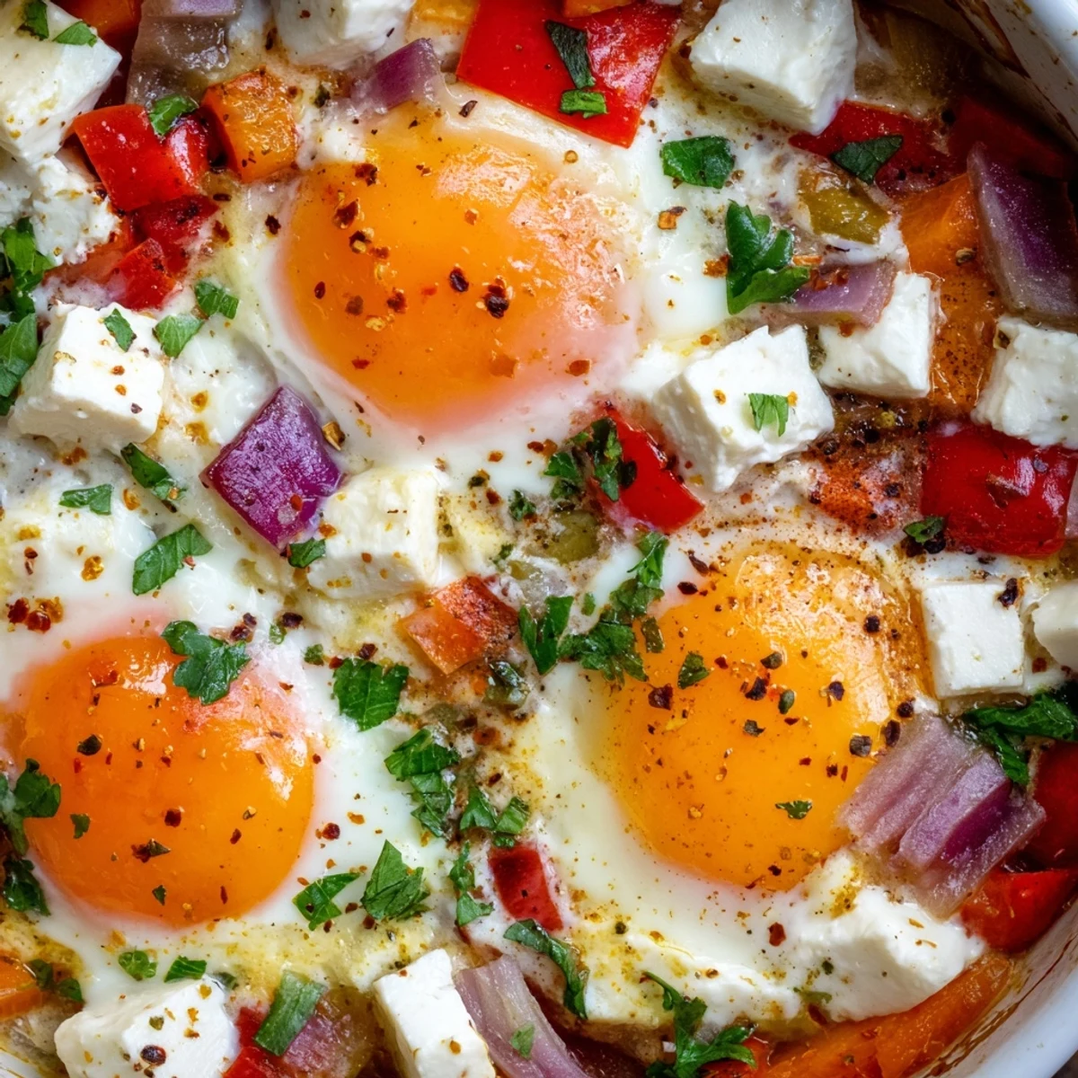 Creamy baked feta eggs with roasted peppers and tomatoes in a cast iron skillet