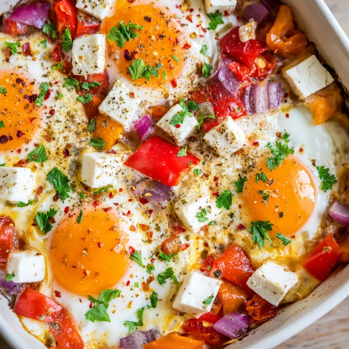 Golden baked feta eggs topped with fresh parsley and red pepper flakes