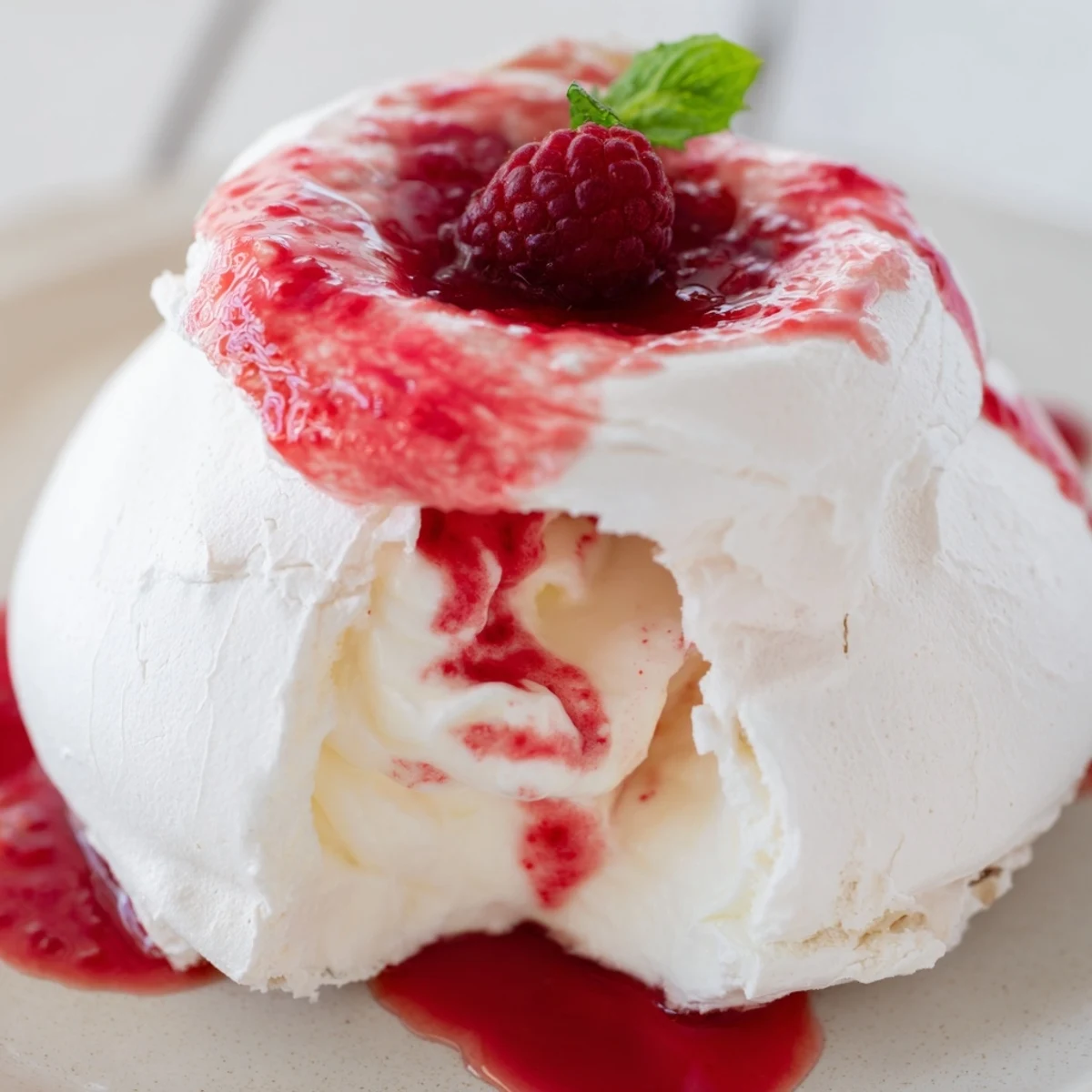 Crisp Pavlova bombs with billowy whipped cream and vibrant raspberry coulis drizzled on top