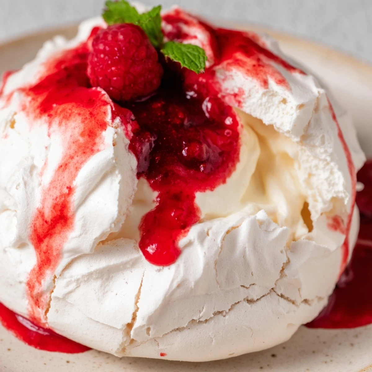 Bite-sized Pavlova bombs filled with cream and topped with glossy red raspberry coulis