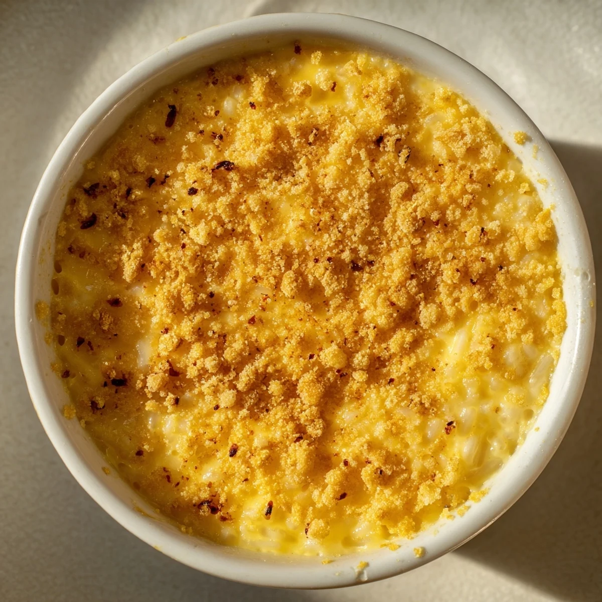 Creamy Portuguese rice custard in white ramekins topped with golden cinnamon-sugar sprinkles