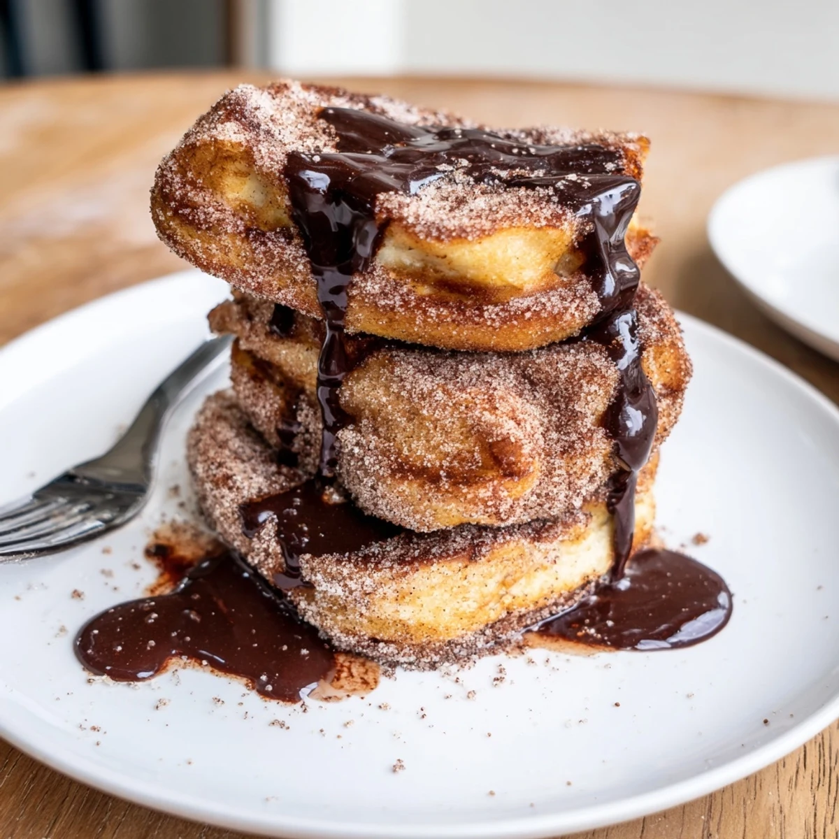 Fluffy Spanish Churro Pancakes stacked high with glossy dark chocolate sauce drizzled on top
