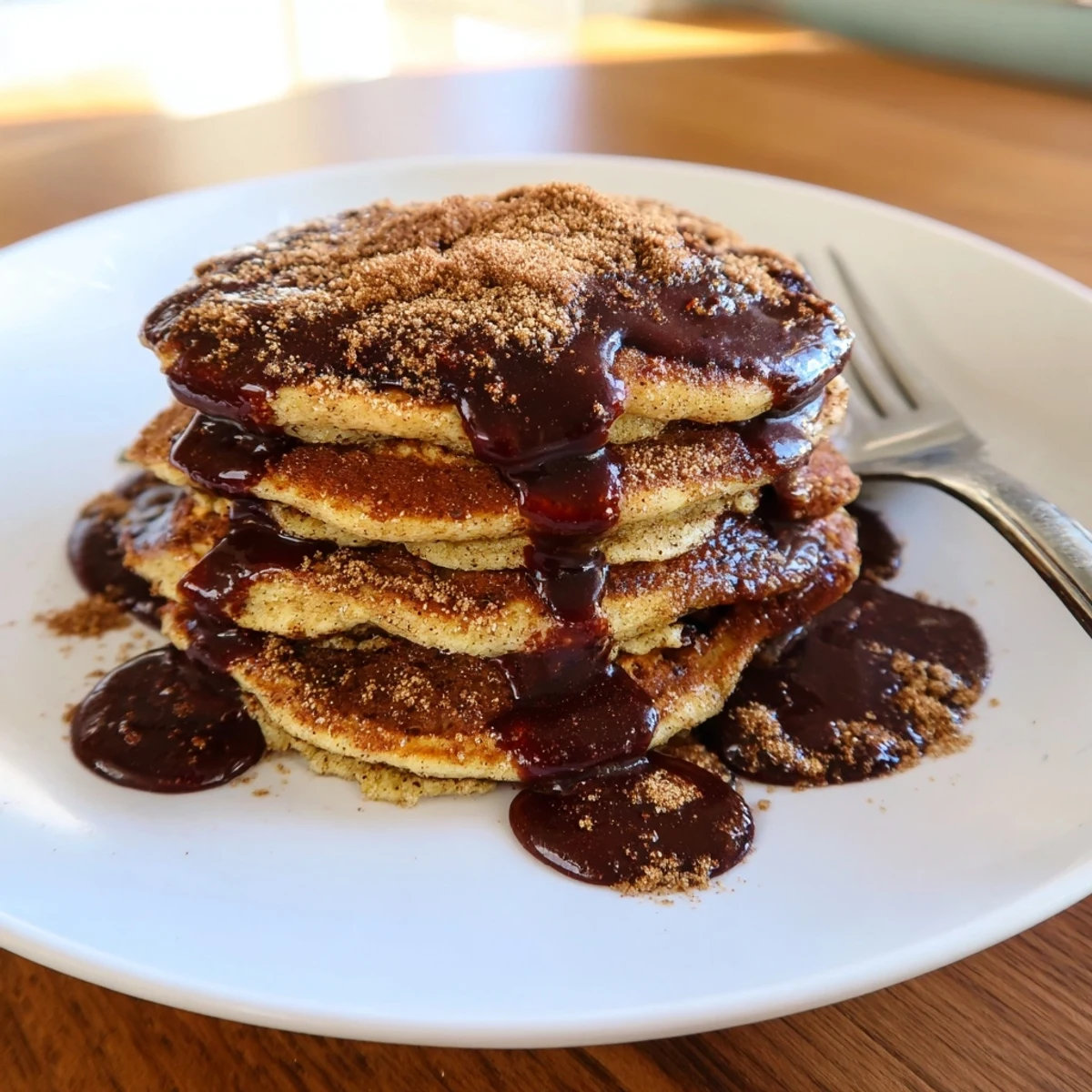 Golden Spanish Churro Pancakes dusted with cinnamon sugar ready for chocolate dipping