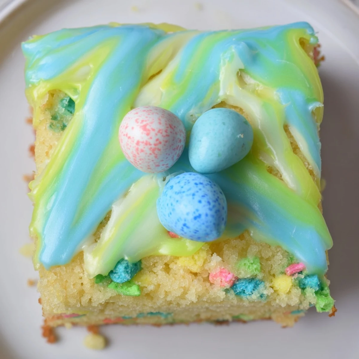 Robin Egg Snack Cake with pastel glaze and candy eggs on a white serving plate