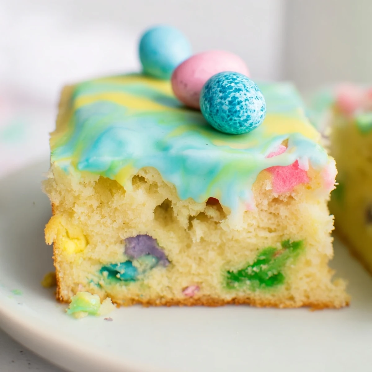 Tender vanilla Robin Egg Snack Cake topped with colorful malted candy eggs