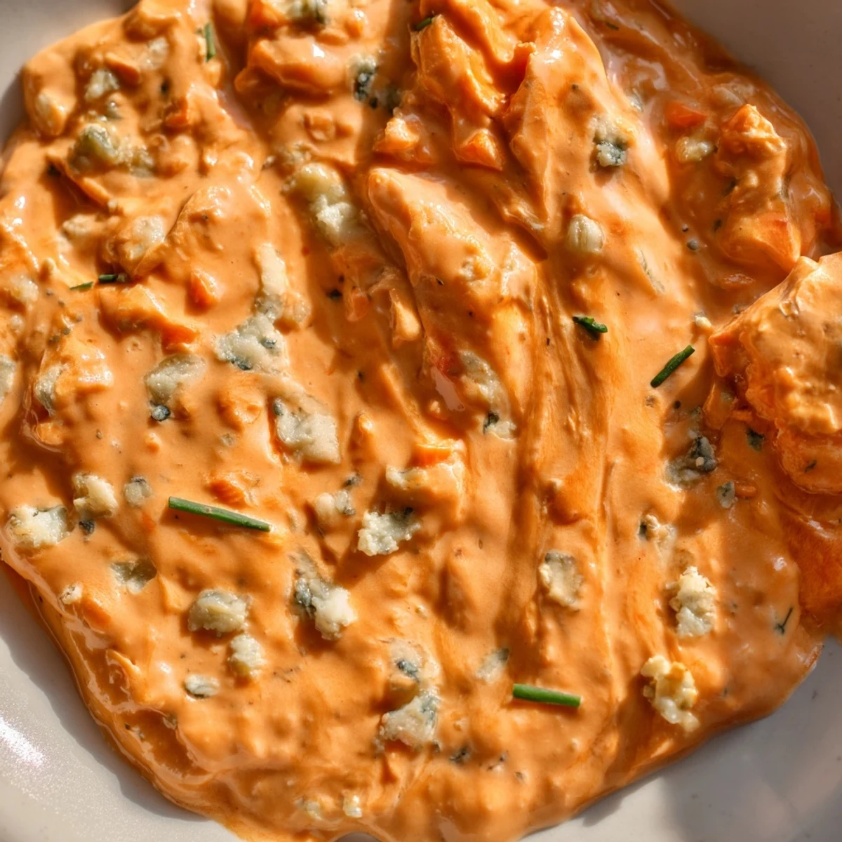 Buffalo Pickle Dip served with crispy chips and crunchy veggie sticks for dipping