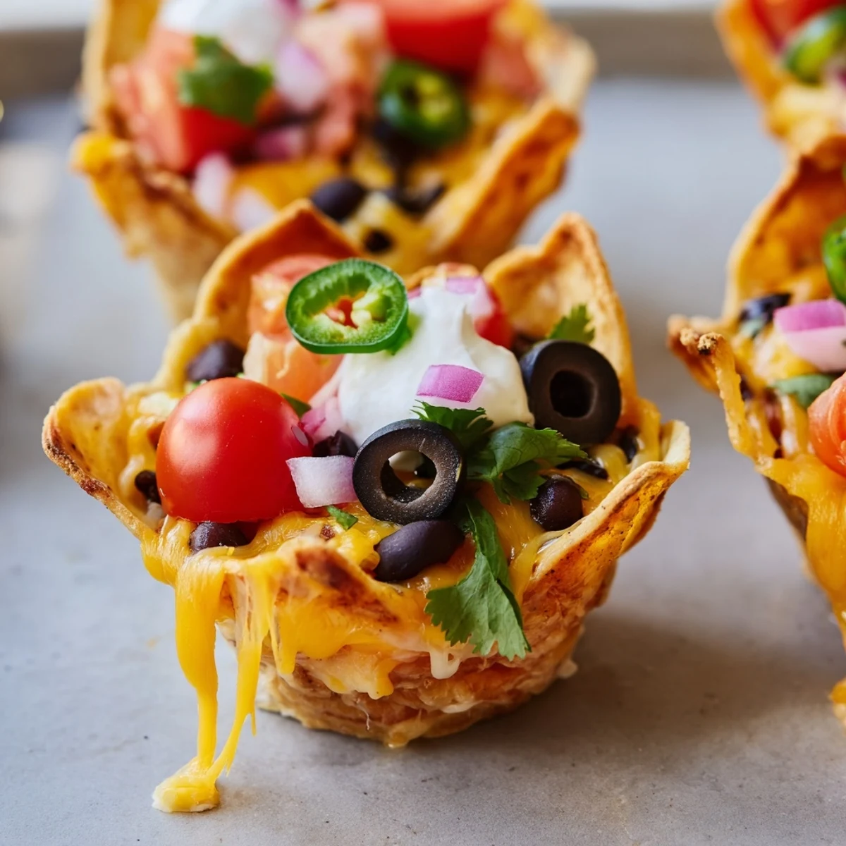 Golden cheesy nacho cups bubbling with melted cheddar and colorful fresh toppings in a muffin tin