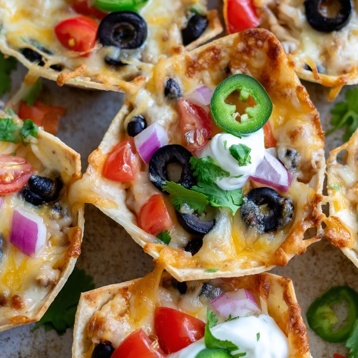 Crispy tortilla cups overflowing with gooey melted cheese and zesty jalapeños ready for game day snacking