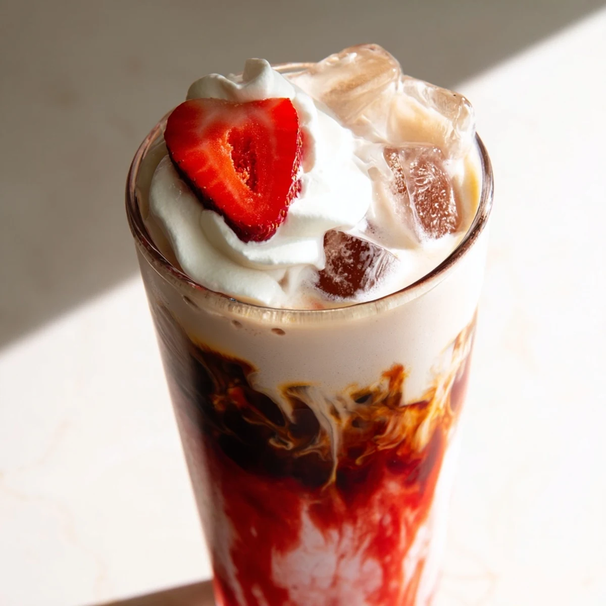 Creamy strawberry cold latte in a tall glass topped with fluffy whipped cream