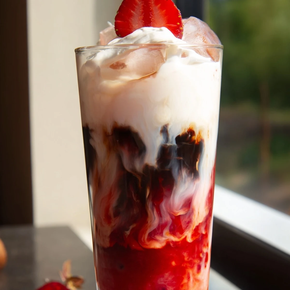Refreshing strawberry cream cold latte with rich espresso layers over ice cubes