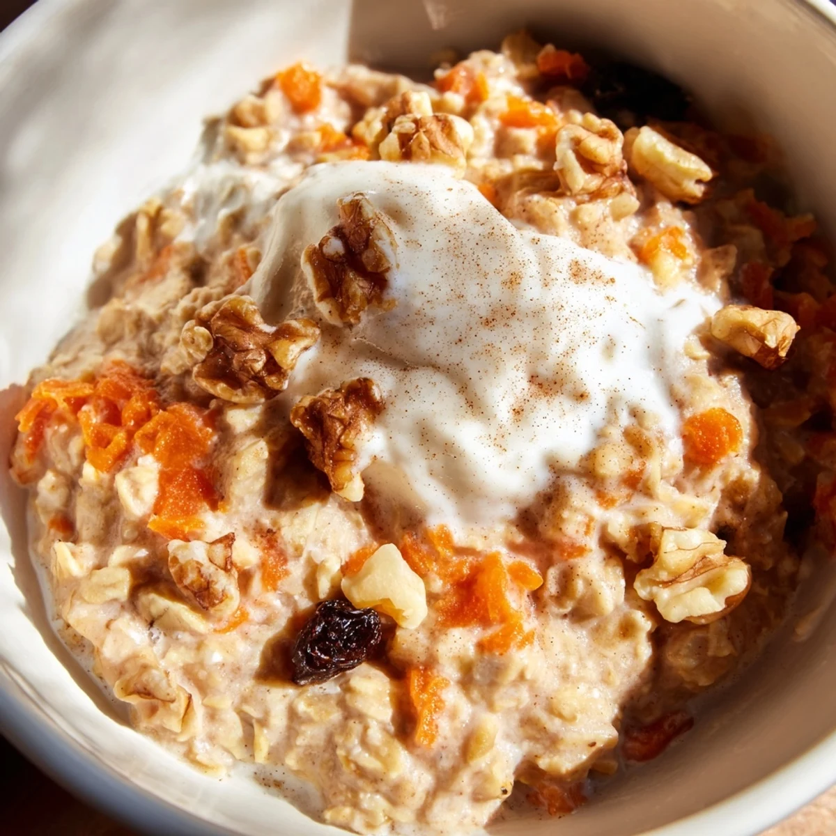 Creamy carrot cake overnight oats in a mason jar topped with crunchy walnuts and a cinnamon sprinkle