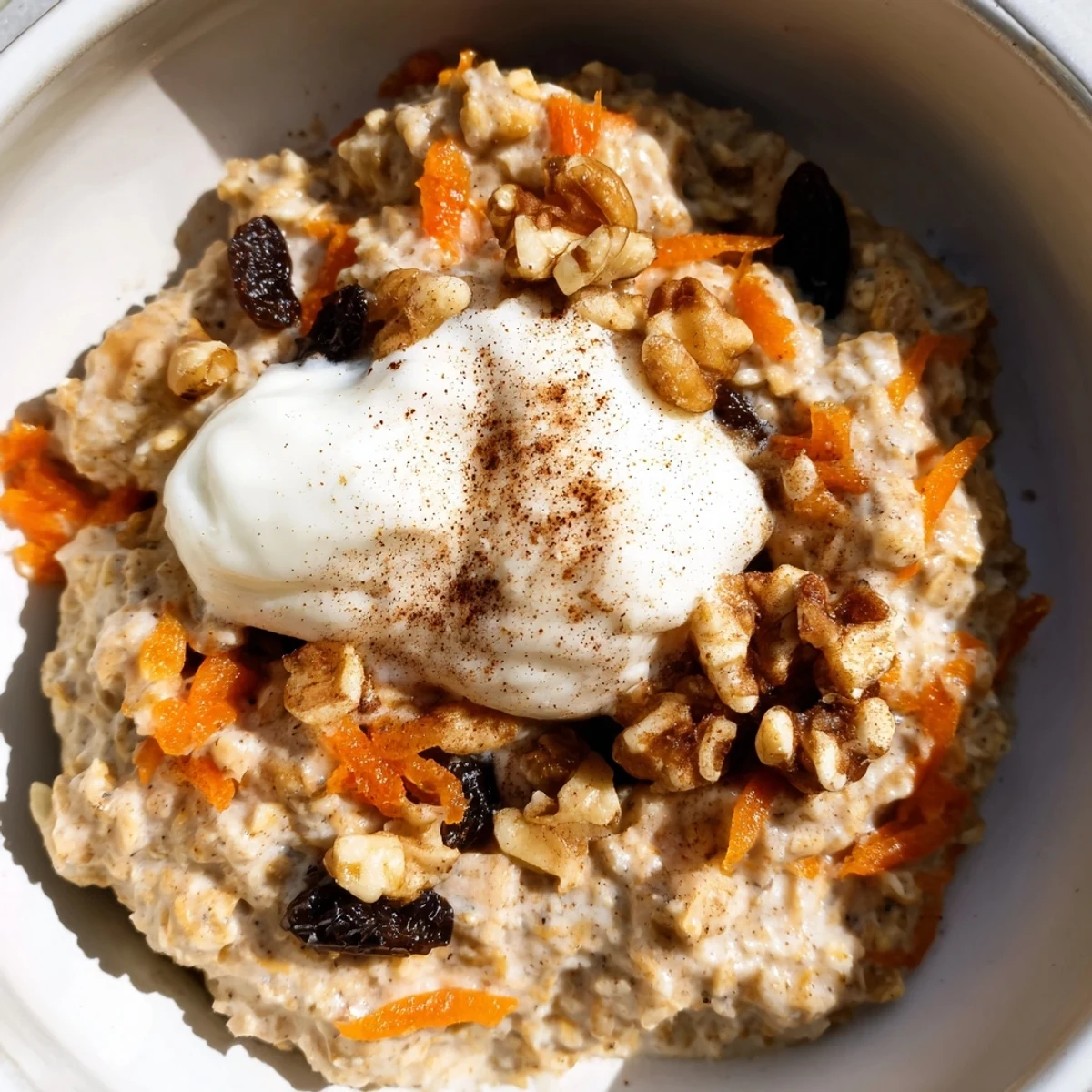 Spoonful of spiced carrot cake overnight oats showing grated carrots, raisins, and chopped pecans