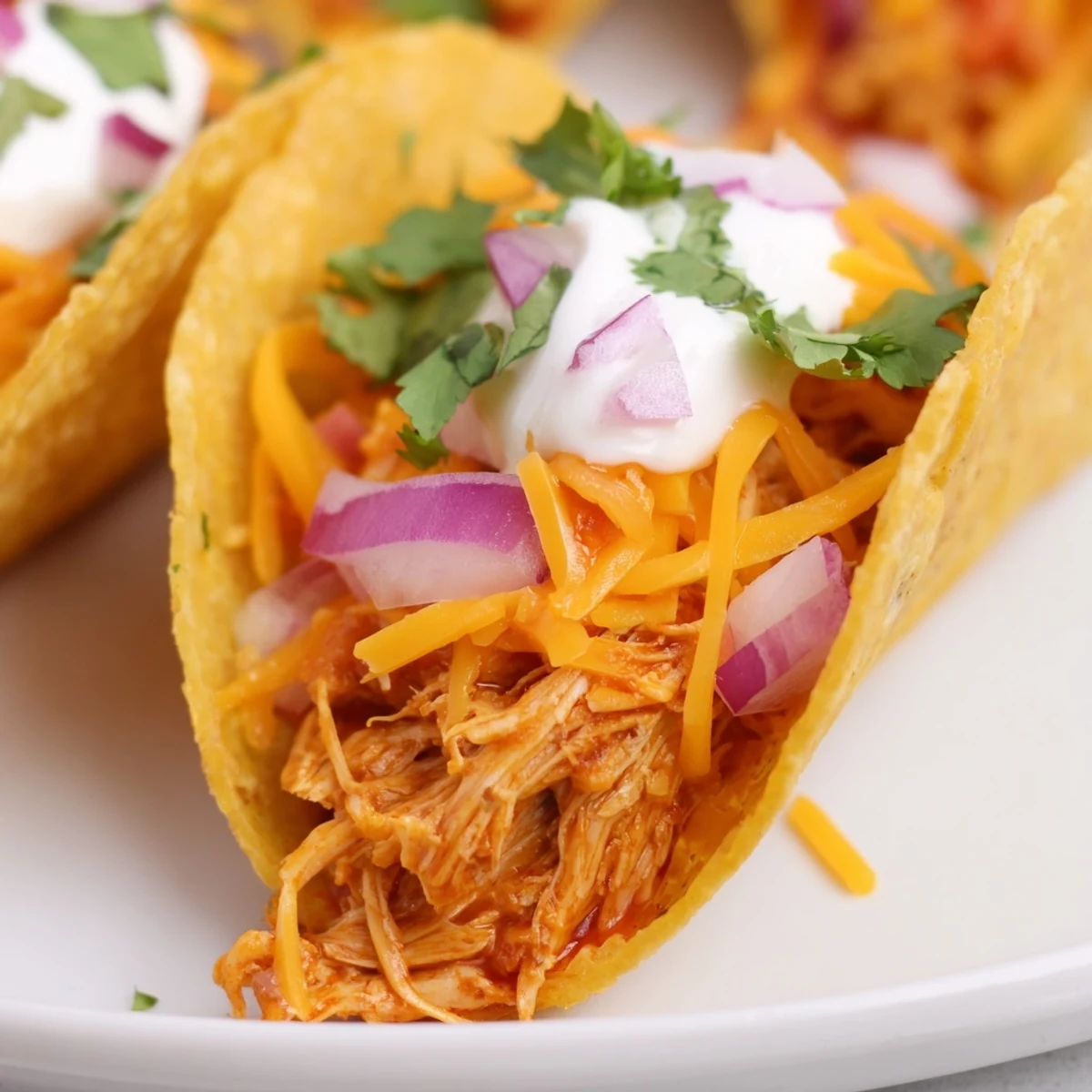 Juicy slow cooker shredded chicken tacos loaded with melted cheese and fresh cilantro