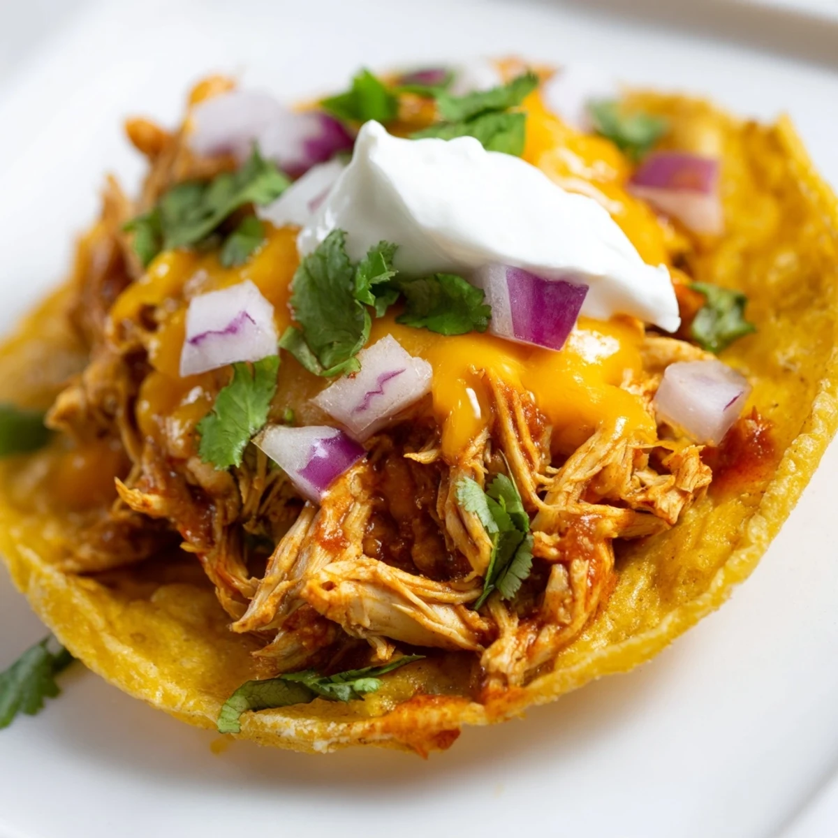 Tender slow cooker shredded chicken tacos nestled in crispy shells with vibrant toppings