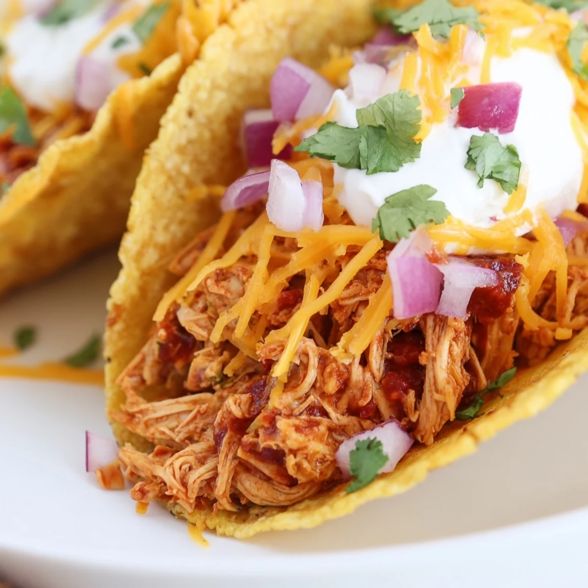 Steaming slow cooker shredded chicken tacos garnished with avocado lime wedges and sour cream